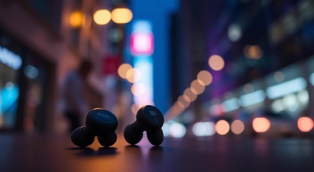 A close-up image of JBL Wave Buds, a sleek and modern design with a matte finish, displayed against a softly illuminated background. The earbuds are positioned prominently in the foreground, showcasing their ergonomic shape and touch-sensitive controls. In the middle ground, a subtle gradient of blues and purples enhances the atmosphere, hinting at the immersive sound experience they provide. The background features a blurred urban setting that suggests a busy lifestyle, while soft bokeh lights simulate a sense of movement and energy. The lighting is soft and warm, creating an inviting mood, as if inviting the viewer to enjoy music in a dynamic environment. No text or logos are present, ensuring a clean and professional look.