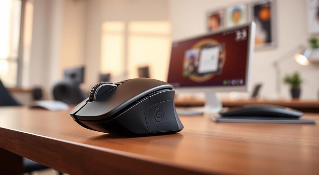 A close-up image of an ergonomic vertical mouse designed for comfort and affordability, prominently displayed in the foreground. The mouse features a sleek, modern design with a matte black finish and soft-touch accents, showcasing its thumb rest and intuitive button layout. In the middle ground, a blurred office setting hints at a workspace environment with a clean desk and a computer screen in the background. Soft, natural lighting illuminates the scene, creating a warm and inviting atmosphere. The angle captures the mouse from slightly above, emphasizing its unique shape that promotes wrist health during extended use. The mood conveys practicality and accessibility, appealing to those seeking an affordable solution for gaming or work.