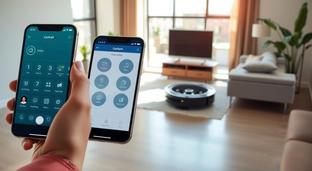 A close-up of a smartphone displaying a sleek app interface designed for controlling a robot vacuum, highlighting various features like scheduling, cleaning modes, and battery levels. In the foreground, the smartphone is held by a person in smart casual attire, emphasizing user interaction. The middle ground showcases a modern, stylish living room with a robot vacuum in action, gliding effortlessly across a polished floor. Soft natural light filters in through large windows, casting gentle shadows and creating a warm, inviting atmosphere. The scene conveys a sense of convenience and innovation, with a focus on technology enhancing home cleaning efficiency.