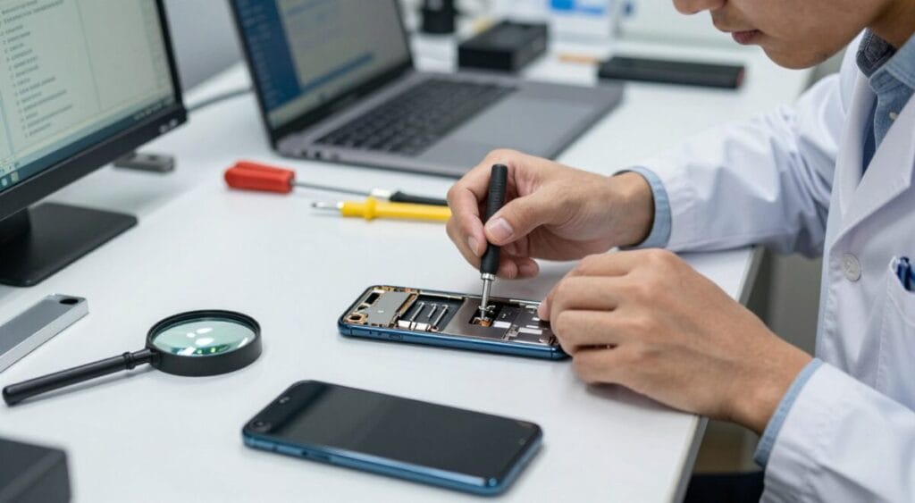 A close-up of a technician inspecting a used smartphone on a workbench, emphasizing the importance of checking its condition. In the foreground, a pair of magnifying glasses rests beside the phone, reflecting bright overhead lights, suggesting a careful examination. In the middle ground, the technician, dressed in a professional shirt and lab coat, uses a tool kit to assess the device's components, showcasing an assortment of screws and the phone’s inner circuitry. In the background, a clean, organized workspace is filled with tools and a laptop displaying diagnostic software. The lighting is bright and focused, creating a clean and professional atmosphere that highlights diligence and attention to detail in verifying used electronics before purchase. A close-up of a technician inspecting a used smartphone on a workbench, emphasizing the importance of checking its condition. In the foreground, a pair of magnifying glasses rests beside the phone, reflecting bright overhead lights, suggesting a careful examination. In the middle ground, the technician, dressed in a professional shirt and lab coat, uses a tool kit to assess the device's components, showcasing an assortment of screws and the phone’s inner circuitry. In the background, a clean, organized workspace is filled with tools and a laptop displaying diagnostic software. The lighting is bright and focused, creating a clean and professional atmosphere that highlights diligence and attention to detail in verifying used electronics before purchase.