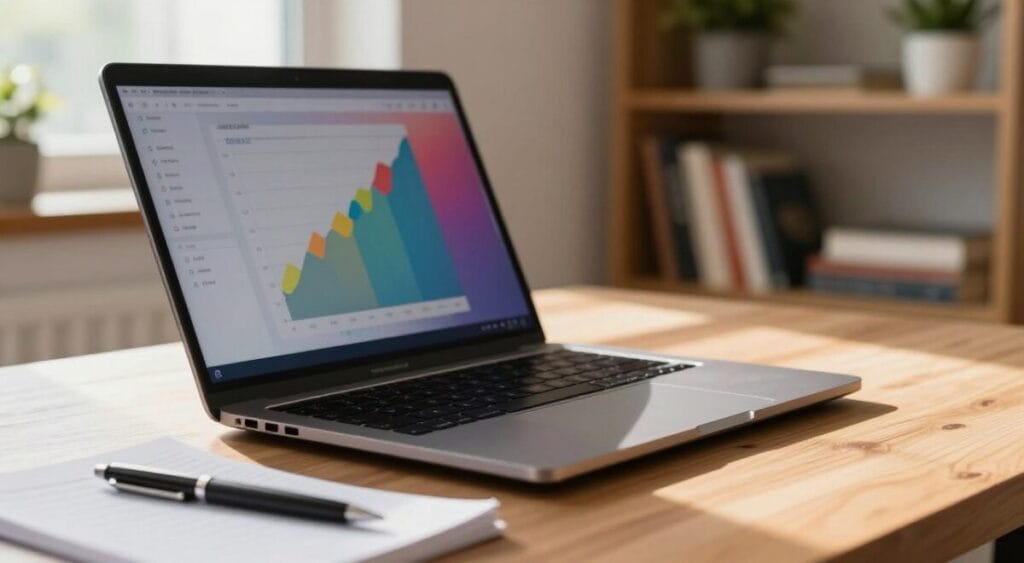 A close-up shot of a sleek, durable laptop showcasing its robust design on a wooden desk. The laptop is partially open, revealing a vibrant screen displaying a colorful graph, symbolizing productivity. In the foreground, there are scattered notes and a sturdy pen, emphasizing a professional workspace. Soft, natural light streams in through a nearby window, casting gentle shadows that create a warm and inviting atmosphere. In the background, blurred shelves filled with books and plants add depth, suggesting a creative home office environment. The focus is on the laptop's texture and durability, reflecting strength and reliability essential for remote work. The overall mood is focused and motivating, ideal for an article about long-lasting laptops. A close-up shot of a sleek, durable laptop showcasing its robust design on a wooden desk. The laptop is partially open, revealing a vibrant screen displaying a colorful graph, symbolizing productivity. In the foreground, there are scattered notes and a sturdy pen, emphasizing a professional workspace. Soft, natural light streams in through a nearby window, casting gentle shadows that create a warm and inviting atmosphere. In the background, blurred shelves filled with books and plants add depth, suggesting a creative home office environment. The focus is on the laptop's texture and durability, reflecting strength and reliability essential for remote work. The overall mood is focused and motivating, ideal for an article about long-lasting laptops.