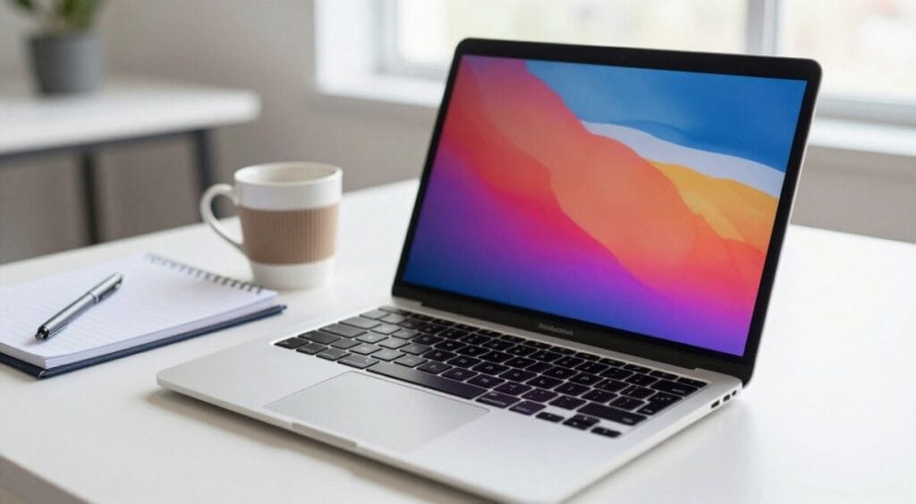 A close-up view of a MacBook Air M1 laptop with its sleek design prominently displayed in a modern workspace. The foreground features the open laptop showcasing its vibrant Retina display and trackpad. The middle layer captures a stylish coffee cup and notepad beside the laptop, emphasizing productivity and portability. The background includes soft-focus elements like a minimalist desk and a window with natural light streaming in, illuminating the scene. The overall atmosphere conveys a sense of innovation and efficiency, highlighting the MacBook Air's exceptional battery life. The lighting is bright yet soft, creating a professional and inviting mood. A close-up view of a MacBook Air M1 laptop with its sleek design prominently displayed in a modern workspace. The foreground features the open laptop showcasing its vibrant Retina display and trackpad. The middle layer captures a stylish coffee cup and notepad beside the laptop, emphasizing productivity and portability. The background includes soft-focus elements like a minimalist desk and a window with natural light streaming in, illuminating the scene. The overall atmosphere conveys a sense of innovation and efficiency, highlighting the MacBook Air's exceptional battery life. The lighting is bright yet soft, creating a professional and inviting mood.