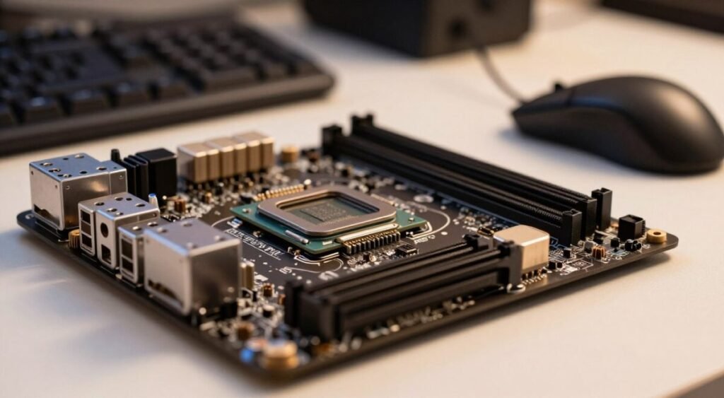 A close-up view of a computer motherboard featuring the A520M B450M socket AM4, showcasing intricate details like the CPU socket, RAM slots, and various ports. The motherboard is displayed prominently in the foreground, with a slight angle to emphasize its components. In the middle ground, subtle reflections and highlights enhance the metallic surfaces, conveying a sense of modern technology. The background should be softly blurred, suggesting a clean, tech-oriented workspace with hints of gaming peripherals such as a keyboard and mouse, enhancing the gaming setup theme. Use warm, artificial lighting to create an inviting atmosphere, and ensure a shallow depth of field to keep the focus on the motherboard. The image should evoke a sense of reliability and affordability in gaming technology.