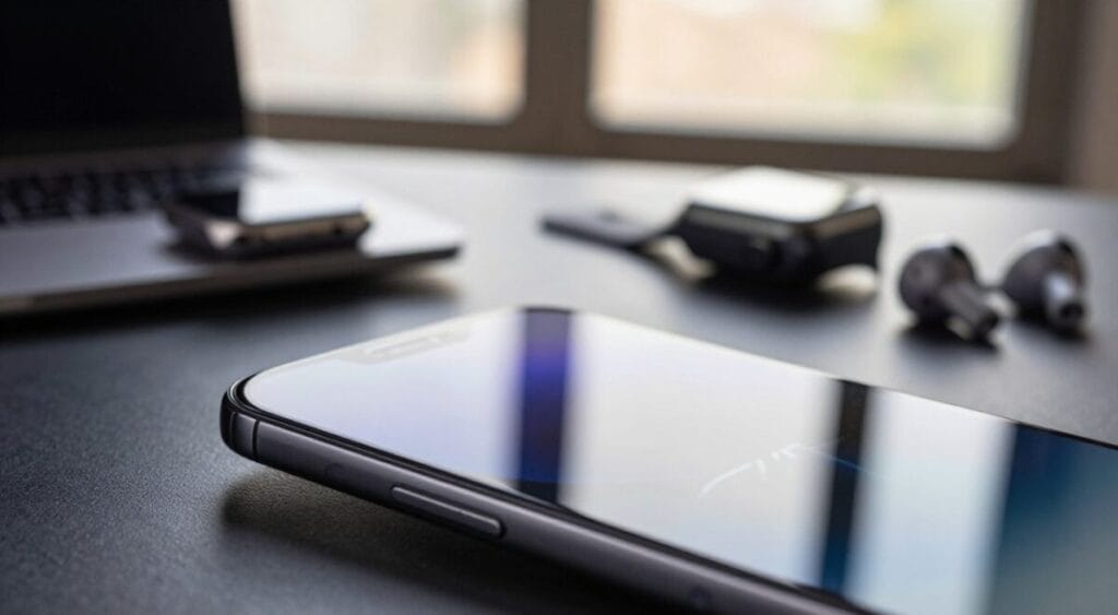 A close-up view of a high-end smartphone display featuring Gorilla Glass protection. The foreground showcases the phone tilted at an angle to highlight the smooth, reflective surface of the screen, capturing the light in a way that emphasizes its durability and clarity. In the middle ground, the image displays a small assortment of tech gadgets, hinting at modern design, such as a sleek smartwatch and wireless earbuds. The background is softly blurred, illustrating an elegant workspace that conveys a high-tech atmosphere, with natural lighting filtering through a nearby window, adding a warm glow. The overall mood is sophisticated and contemporary, representing quality and innovation in display technology. A close-up view of a high-end smartphone display featuring Gorilla Glass protection. The foreground showcases the phone tilted at an angle to highlight the smooth, reflective surface of the screen, capturing the light in a way that emphasizes its durability and clarity. In the middle ground, the image displays a small assortment of tech gadgets, hinting at modern design, such as a sleek smartwatch and wireless earbuds. The background is softly blurred, illustrating an elegant workspace that conveys a high-tech atmosphere, with natural lighting filtering through a nearby window, adding a warm glow. The overall mood is sophisticated and contemporary, representing quality and innovation in display technology.