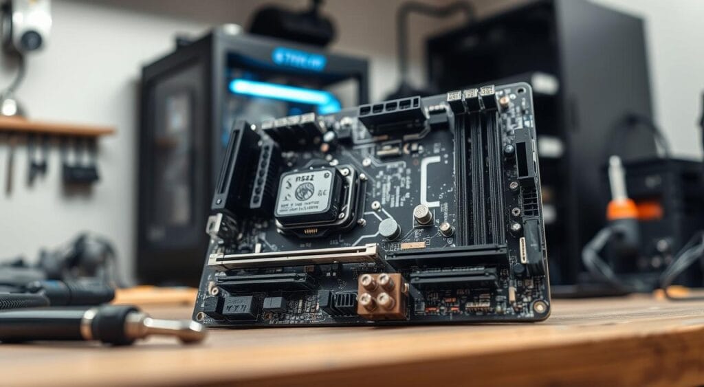 A close-up view of a high-quality, entry-level motherboard on a workbench, showcasing its features like multiple RAM slots, CPU socket, and various connectivity options, with shimmering metallic components and detailed circuit patterns. In the background, soft diffused lighting enhances a modern tech workshop atmosphere, with blurred computer parts and tools subtly hinted at, emphasizing a sense of upgrade potential. The angle should be slightly above eye-level to focus on the motherboard’s intricate details. The mood is professional and inspiring, inviting viewers to consider the capabilities and cost-effectiveness of the motherboard for a gaming PC build. A close-up view of a high-quality, entry-level motherboard on a workbench, showcasing its features like multiple RAM slots, CPU socket, and various connectivity options, with shimmering metallic components and detailed circuit patterns. In the background, soft diffused lighting enhances a modern tech workshop atmosphere, with blurred computer parts and tools subtly hinted at, emphasizing a sense of upgrade potential. The angle should be slightly above eye-level to focus on the motherboard’s intricate details. The mood is professional and inspiring, inviting viewers to consider the capabilities and cost-effectiveness of the motherboard for a gaming PC build.