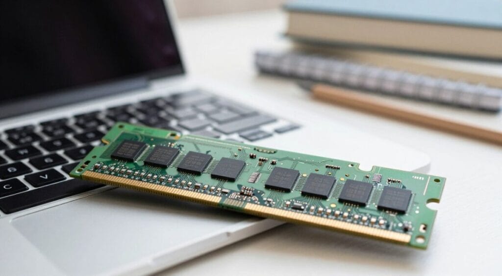 A close-up view of a modern RAM memory module, prominently displayed in the foreground, showcasing intricate details like circuitry and chips. The module glistens under soft, diffused lighting, which highlights its metallic finish and slim design. In the middle ground, an open laptop is partially visible, revealing the RAM slots, symbolizing its integration into a typical student’s setup. The background features a blurred study environment, with books and a notebook scattered on a desk, suggesting a conducive learning atmosphere. The image is captured with a slight angle for depth, creating an engaging composition that communicates innovation and academic integration. The overall mood is bright and professional, evoking a sense of technology and potential. A close-up view of a modern RAM memory module, prominently displayed in the foreground, showcasing intricate details like circuitry and chips. The module glistens under soft, diffused lighting, which highlights its metallic finish and slim design. In the middle ground, an open laptop is partially visible, revealing the RAM slots, symbolizing its integration into a typical student’s setup. The background features a blurred study environment, with books and a notebook scattered on a desk, suggesting a conducive learning atmosphere. The image is captured with a slight angle for depth, creating an engaging composition that communicates innovation and academic integration. The overall mood is bright and professional, evoking a sense of technology and potential.