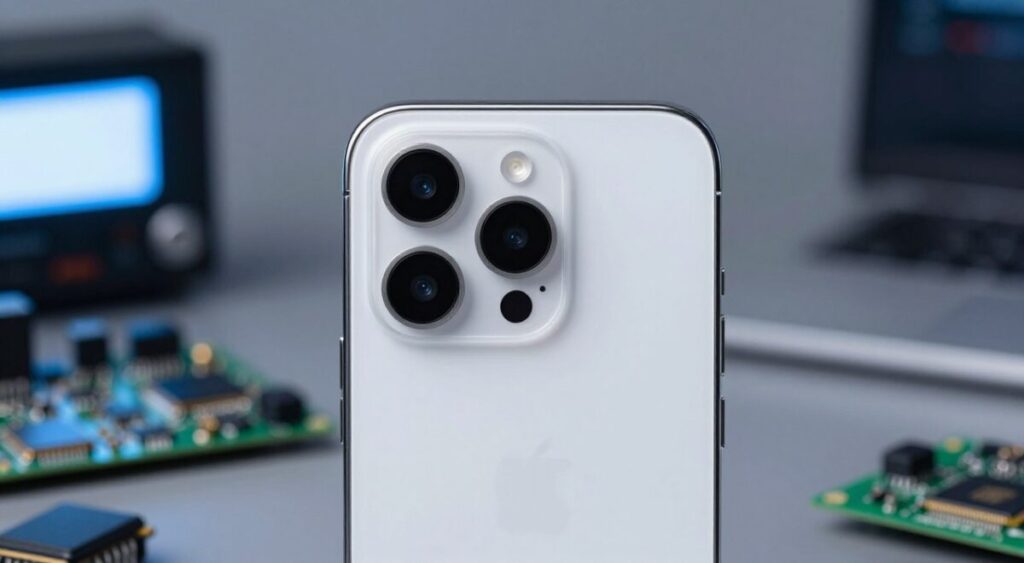 A close-up view of a modern smartphone with a sleek design showcasing multiple high-quality cameras on the back, highlighting the latest processor chip beneath a transparent section of the case. The smartphone is centrally placed against a softly blurred background of a tech-themed workspace, featuring tools like circuit boards and microchips subtly illuminated with cool, ambient lighting. A focus on the intricate details of the camera lenses, reflecting light, and the processor's metallic sheen adds depth. The atmosphere is fresh and innovative, suggesting a technologically advanced vibe. Use a shallow depth of field to make the phone the clear focal point, capturing the cutting-edge nature of smartphone technology in 2026.