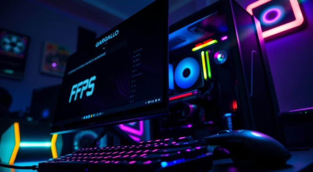 A close-up view of a sleek gaming setup featuring a high-end desktop computer with visible hardware components like a graphics card and cooling system, emphasizing the concept of "gargalo hardware." In the foreground, a monitor displays an FPS counter, reflecting high frame rates, while the middle layer showcases a keyboard and mouse with RGB lighting. The background features a dimly lit room, accented by ambient neon lights, creating a focused yet energetic atmosphere. The lighting should highlight the intricate details of the hardware and the monitor, with a slight lens flare to add depth. The overall mood conveys a sense of anticipation and excitement in the world of gaming performance.