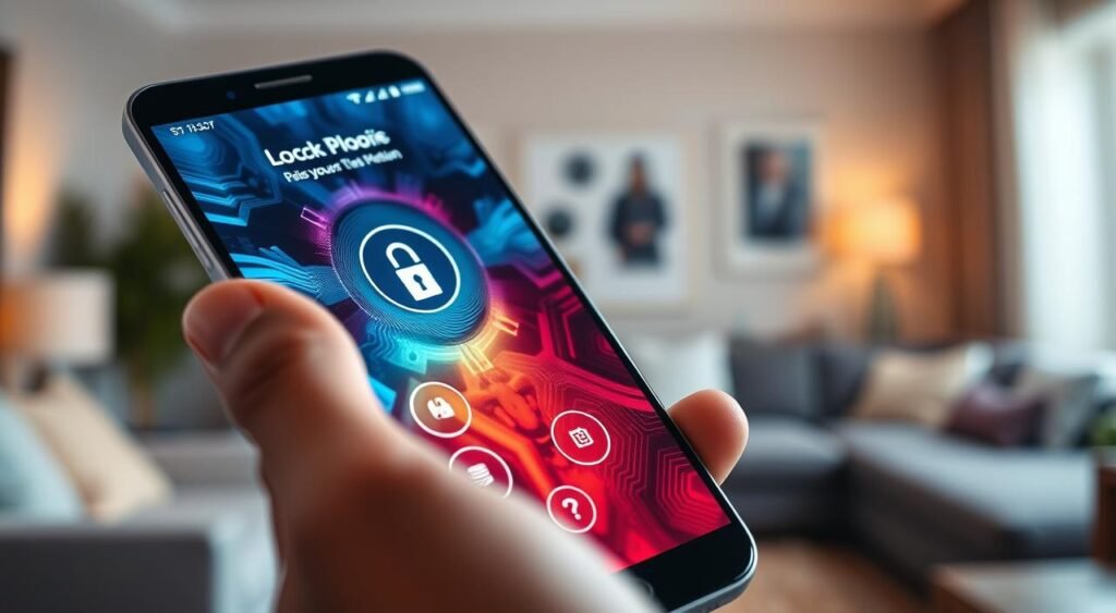 A close-up view of a smartphone screen displaying a colorful, intricate lock screen interface, showcasing various security options like pattern unlock, password input, and biometric recognition. In the foreground, a hand is shown delicately hovering over the screen, symbolizing user interaction, while in the middle ground, the vibrant icons of security features are clearly visible, radiating a modern tech appeal. The background features a softly blurred, stylish home environment with warm lighting, suggesting a sense of comfort and safety. The atmosphere is calm yet engaging, emphasizing the importance of privacy and accessibility on mobile devices. The image should convey a professional yet inviting mood, with no text, watermarks, or any distracting elements.