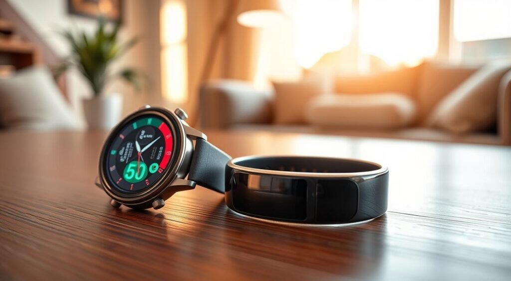 A close-up view of a smartwatch and smartband, resting on a sleek wooden table. The smartwatch features a bright, vivid display showing health metrics, while the smartband has a minimalist design emphasizing its long battery life. In the background, softly blurred, there is a cozy home environment with warm lighting coming from a nearby window, creating a serene atmosphere. The foreground focuses on the details of the devices, highlighting their technology with reflections of light glimmering off the glass surfaces. The composition should evoke a sense of modernity and health optimization, illustrating the contrast in battery autonomy between the two devices without any text or branding. The overall mood is calm and informative, encouraging viewers to consider their health tracking options.