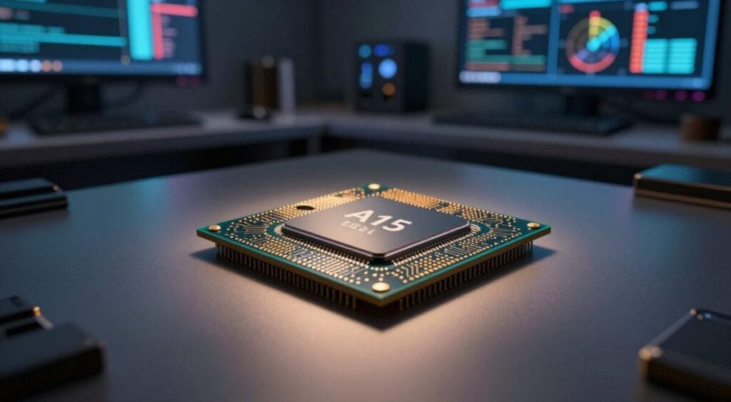 A close-up view of the A15 Bionic chip, prominently displayed on a sleek, modern workbench. The chip should be illuminated dramatically from above, casting subtle shadows that highlight its intricate details and circuitry. In the background, a high-tech workspace equipped with screens displaying performance metrics and graphics, suggesting advanced processing capabilities. Soft, ambient lighting creates a professional atmosphere, while a shallow depth of field blurs the detailed background slightly, keeping the viewer's focus on the chip. The image conveys a sense of innovation and efficiency, emphasizing the powerful performance aspects of CPU, GPU, and Neural Engine.