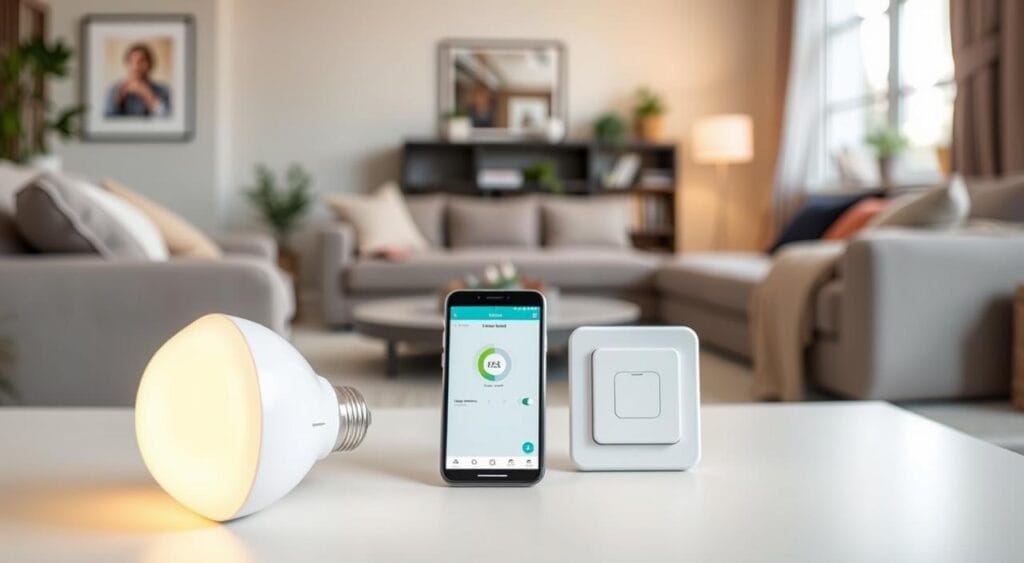A close-up view of the Intelbras EWS 410 smart bulb, showcasing its sleek, modern design with a white finish. The bulb is positioned in the foreground, illuminated by a soft, warm light that highlights its contours and features. In the middle ground, an Izy smart home setup, including a stylish smart switch and a smartphone displaying the Izy app, creating an atmosphere of automation and connectivity. In the background, a cozy living room setting with muted colors, soft furnishings, and ambient lighting to evoke a sense of comfort and modern living. The overall mood is inviting and tech-savvy, emphasizing ease of use and innovative home automation technology. Natural light filters through a window, enhancing the warm ambiance. A close-up view of the Intelbras EWS 410 smart bulb, showcasing its sleek, modern design with a white finish. The bulb is positioned in the foreground, illuminated by a soft, warm light that highlights its contours and features. In the middle ground, an Izy smart home setup, including a stylish smart switch and a smartphone displaying the Izy app, creating an atmosphere of automation and connectivity. In the background, a cozy living room setting with muted colors, soft furnishings, and ambient lighting to evoke a sense of comfort and modern living. The overall mood is inviting and tech-savvy, emphasizing ease of use and innovative home automation technology. Natural light filters through a window, enhancing the warm ambiance.