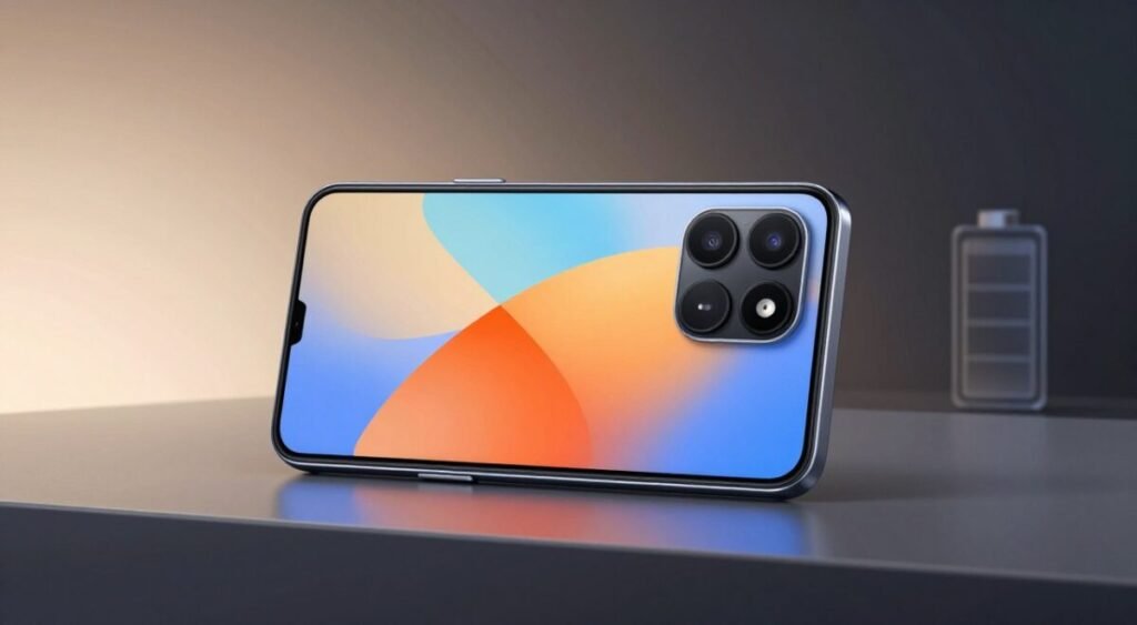 A close-up view of the Xiaomi Redmi Note 14 4G smartphone prominently displayed on a sleek, modern surface. The phone's vibrant AMOLED screen shows a high-resolution image, showcasing vivid colors and sharp details. The background features a subtle, soft gradient transitioning from light to dark, creating an elegant ambiance. Soft, diffused lighting highlights the device's sleek design and premium finish, emphasizing its modern aesthetics. The scene is captured at a slight angle to present the phone’s profile, enhancing its visual appeal. Include a hint of a large capacity battery representation, like a stylized battery graphic, subtly integrated into the backdrop, suggesting the phone's powerful capabilities. The overall mood is sophisticated and tech-savvy, appealing to budget-conscious consumers.