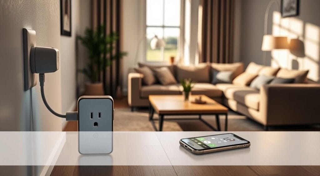 A contemporary living room showcasing smart plugs integrated into everyday appliances. In the foreground, a stylish smart plug is visible, plugged into a wall socket next to a lamp, with a warm glow illuminating the space. The middle ground features a cozy sofa and a coffee table, with a smartphone displaying a home automation app resting on it, exemplifying the ease of control. In the background, natural light filters through a window, casting soft shadows that enhance the modern atmosphere. The scene conveys a sense of convenience and innovation in home automation, with a calm and inviting ambiance, suitable for a tech-savvy yet budget-conscious audience.