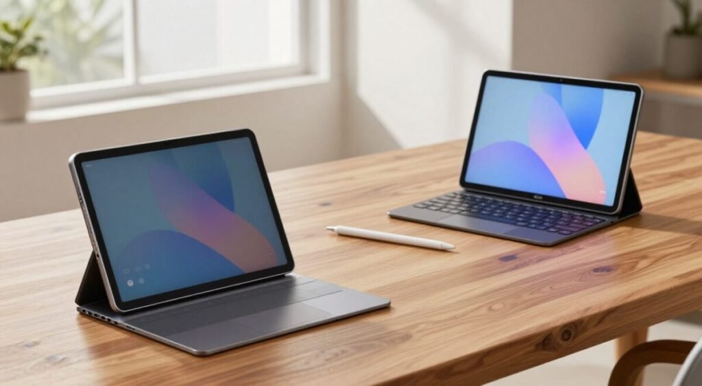 A contemporary workspace featuring a Samsung Galaxy Tab A9+ and a Lenovo Tab P11 Gen 2, both placed on a stylish wooden desk. In the foreground, zoom in on the tablets displaying their expansion slots, highlighting connectivity features like USB-C ports and microSD slots. The middle layer includes soft-focus tech accessories like a sleek wireless keyboard and stylus, emphasizing a modern tech lifestyle. The background showcases a well-lit room with a large window letting in natural light, casting gentle shadows. A calm and productive atmosphere is created, suitable for a tech-savvy audience. The overall mood should feel professional and inviting, with a slight emphasis on innovation and connectivity.