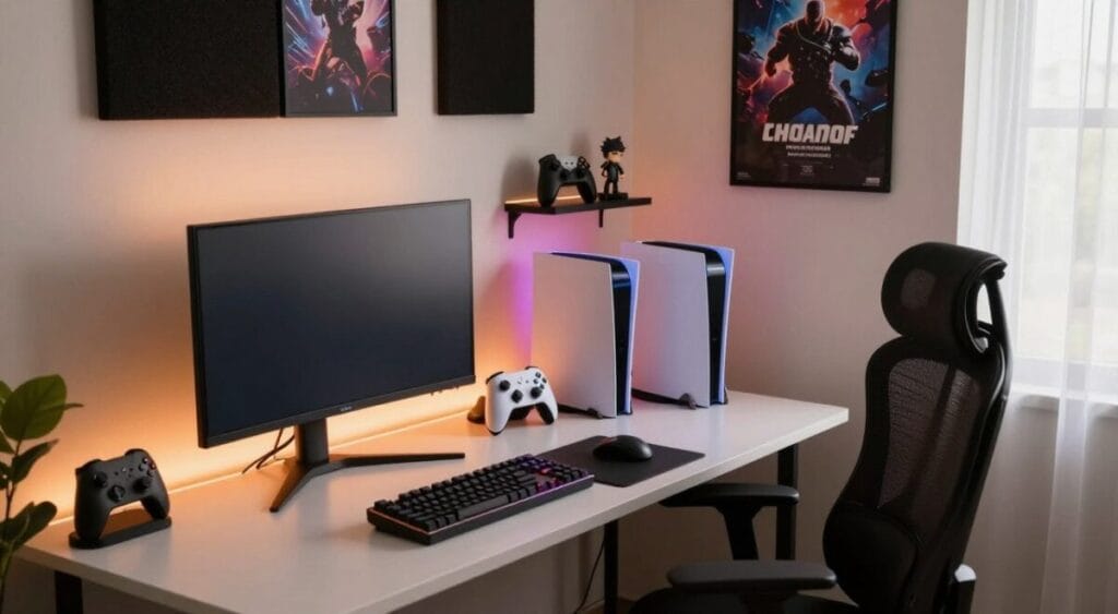 A cozy and modern small gaming room featuring a minimalist design. In the foreground, a sleek gaming desk with a high-quality gaming monitor, a compact mechanical keyboard, and an ergonomic chair, all elegantly arranged. Soft LED strip lights glow in calming colors along the edges of the desk, enhancing the ambiance. In the middle ground, a stylish gaming console and a few carefully chosen accessories like colorful game controllers and decorative figurines are displayed on shelves. The background showcases a well-organized wall with sound-absorbing panels and posters of popular games. Natural light filters in through a window, creating a warm and inviting atmosphere. The image should emphasize functionality and aesthetics, capturing a small yet stylish space for gaming.