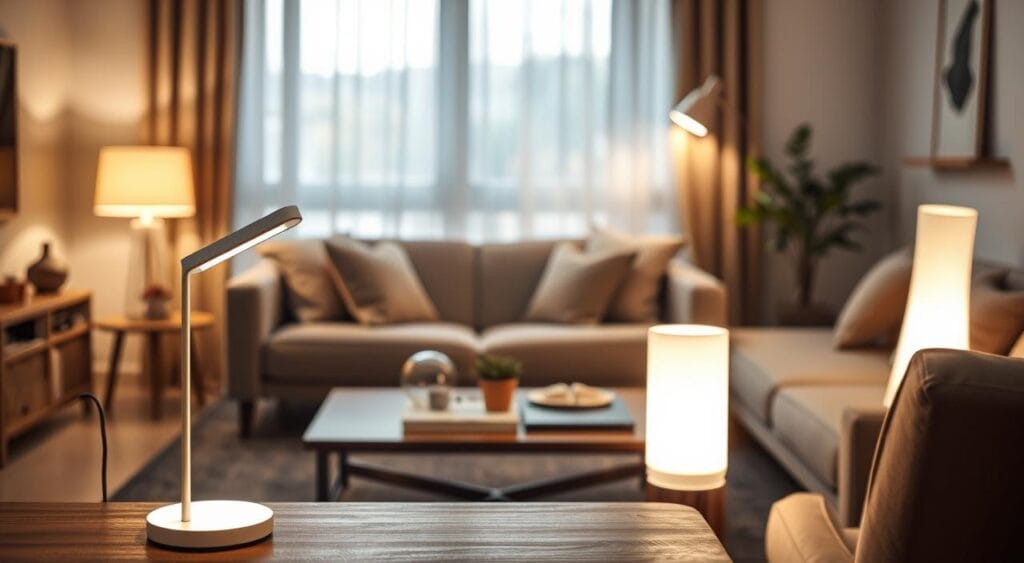 A cozy living room featuring various smart lamps illuminating different sections, showcasing their versatility in lighting. In the foreground, a sophisticated smart lamp with a sleek design emits a warm glow, surrounded by a neatly arranged coffee table with stylish decor. The middle section displays a comfortable sofa adorned with soft cushions, while a stylish floor lamp casts a gentle light in a reading nook. In the background, soft daylight filters through sheer curtains, creating a harmonious atmosphere. Use a shallow depth of field to emphasize the foreground lamp, and capture the scene from a slightly elevated angle to highlight the ambiance. The mood should feel inviting and modern, perfect for illustrating how the right lighting enhances any space. A cozy living room featuring various smart lamps illuminating different sections, showcasing their versatility in lighting. In the foreground, a sophisticated smart lamp with a sleek design emits a warm glow, surrounded by a neatly arranged coffee table with stylish decor. The middle section displays a comfortable sofa adorned with soft cushions, while a stylish floor lamp casts a gentle light in a reading nook. In the background, soft daylight filters through sheer curtains, creating a harmonious atmosphere. Use a shallow depth of field to emphasize the foreground lamp, and capture the scene from a slightly elevated angle to highlight the ambiance. The mood should feel inviting and modern, perfect for illustrating how the right lighting enhances any space.