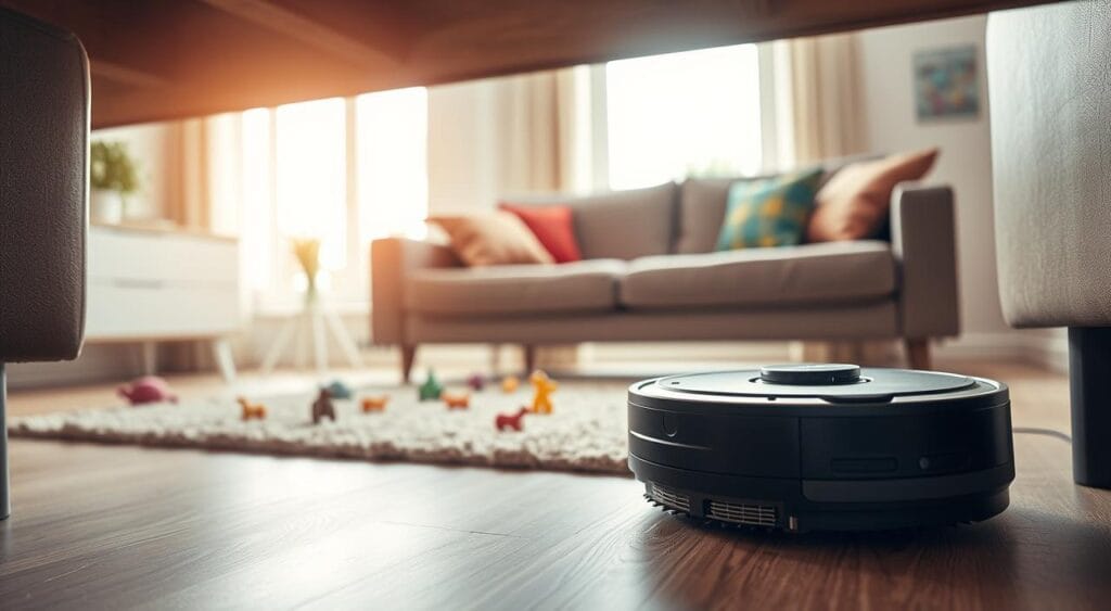 A cozy living room scene featuring a robotic vacuum cleaner navigating under a modern sofa, showcasing its functionality in cleaning hidden areas. In the foreground, the robot is positioned in action, with realistic details like spinning brushes and sensors visible. The middle section reveals a stylish, contemporary sofa with colorful cushions, while scattered toys and dust illustrate its cleaning capabilities. The background displays a bright window with soft, natural light illuminating the room, adding warmth and a welcoming atmosphere. The perspective is from a low angle, emphasizing the space under the furniture and the robot's compact design. The overall mood is clean, efficient, and modern, reflecting a practical home environment.