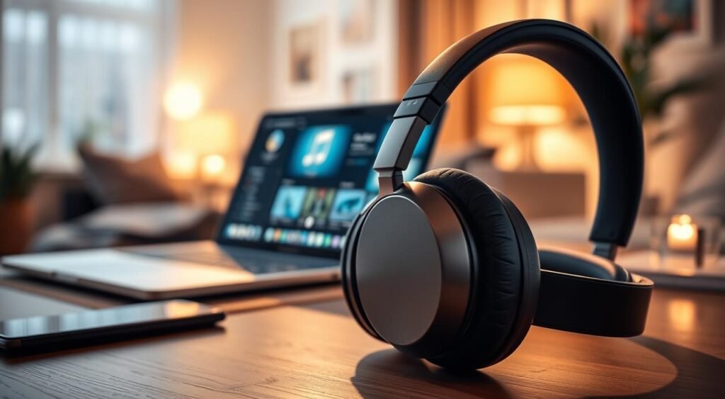 A cozy, modern workspace featuring a pair of stylish Bluetooth headphones prominently in the foreground. The headphones are sleek, with soft ear cushions and a subtle matte finish, showcasing their design for comfort and extended wear. In the middle ground, a laptop glows softly, with a blurred digital music interface visible on the screen, hinting at a focus on audio quality. The background features a soft-focus scene of a domestic living room with warm, ambient lighting, enhancing a relaxing atmosphere. The overall mood is inviting and professional, ideal for showcasing high-quality audio gear that emphasizes comfort and noise isolation. A cinematic angle captures the scene beautifully, with soft shadows adding depth.