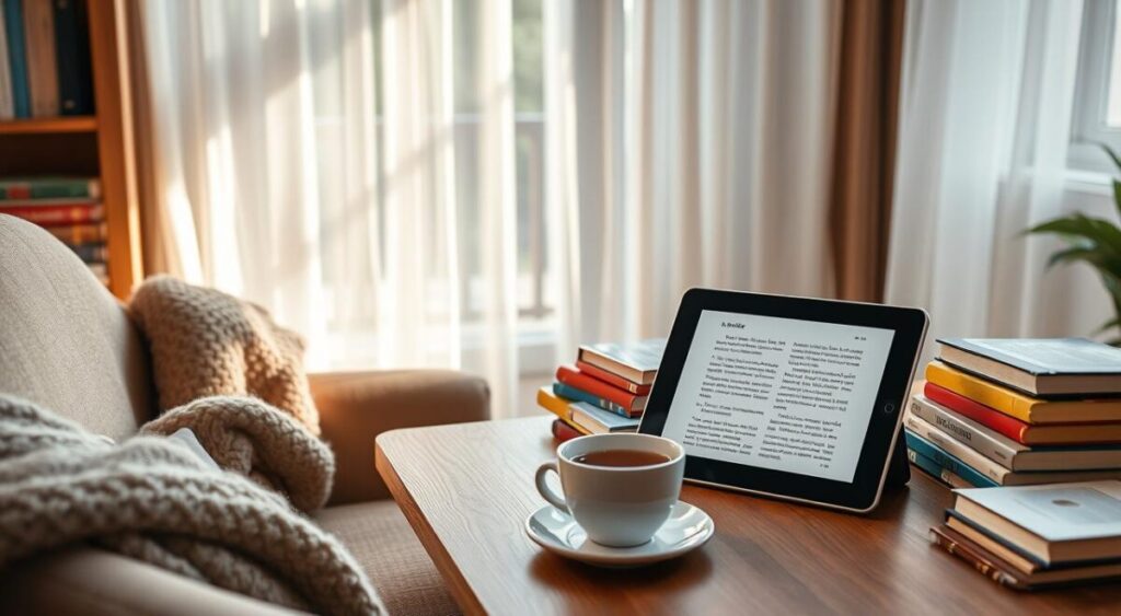A cozy reading nook featuring a modern Kindle and a tablet on a wooden table, surrounded by an array of colorful books. In the foreground, a comfortable armchair with a plush throw blanket invites relaxation, alongside a steaming cup of tea. The middle section showcases the Kindle displaying a clean, easy-to-read text display, while the tablet highlights an interactive reading app interface. In the background, soft, natural light filters in through a large window adorned with sheer curtains, casting gentle shadows that create a tranquil ambiance. The overall mood is warm and inviting, emphasizing the personal and flexible reading experience each device offers. Focus on capturing intimate details like the textures of the armchair and the glow from the screen, framed at an angle that draws the viewer’s eye toward the reading devices.
