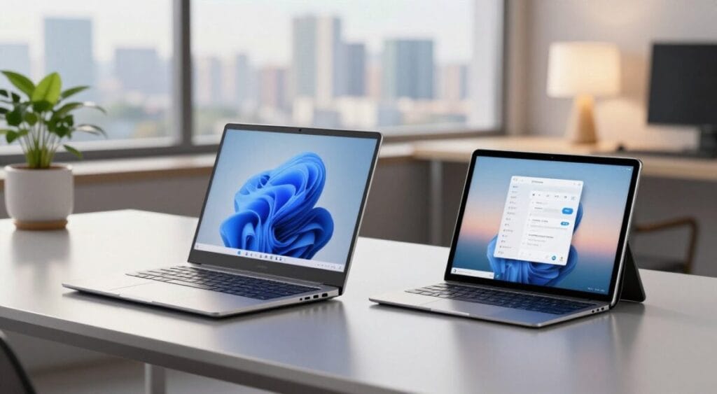 A detailed and organized image of two 2-in-1 notebook computers displayed on a sleek, modern desk. In the foreground, one notebook is shown open in laptop mode, while the other is in tablet mode, showcasing different angles. The middle ground features a stylish workspace with a soft-focus potted plant and a minimalistic lamp, creating an inviting atmosphere. In the background, a blurred city skyline can be seen through a large window, suggesting a dynamic professional environment. Use soft, natural lighting to highlight the devices, creating reflections on their surfaces while adding a sense of warmth. The image should evoke a sense of innovation and versatility, emphasizing the functionality of hybrid laptops for varied user profiles.