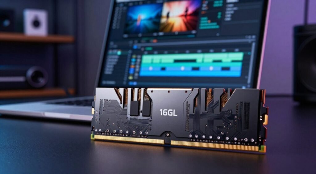 A detailed close-up of a high-performance RAM module designed for video editing, displaying sleek, modern aesthetics with metallic accents. The RAM is prominently showcased in the foreground, emphasizing its 16GB capacity with intricate circuit patterns and stylish heat spreaders. In the middle ground, an open laptop with a visible timeline of an editing software screen adds context, indicating it's in use for video editing tasks. The background features a dimly lit workspace, with blurred shelves of electronic gadgets and accessories, enhancing a tech-savvy atmosphere. Soft, focused lighting highlights the RAM, giving it a vibrant glow, while the overall mood conveys professionalism and efficiency in a creative environment, perfect for video editing enthusiasts.