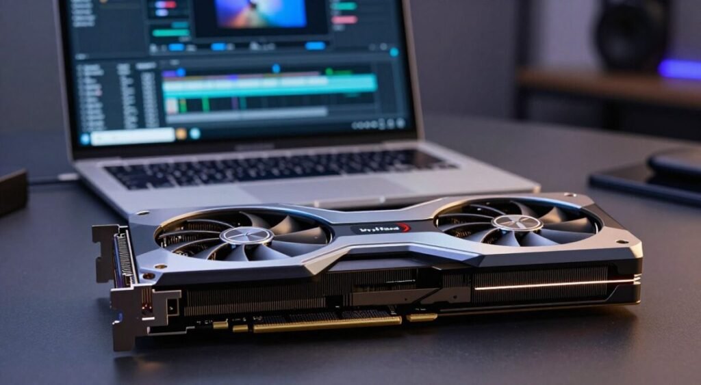 A detailed close-up of a high-performance graphics card designed for video editing, showcasing its sleek and modern design. The foreground features the graphics card with prominent branding, highlighted with dynamic lighting to emphasize its metallic surfaces and intricate circuitry. In the middle, a blurred laptop sits open, displaying video editing software, hinting at its powerful capabilities when paired with the graphics card. The background fades into a professional workspace, with soft, ambient lighting to create a focused yet inspiring atmosphere. The overall mood is one of innovation and professionalism, ideal for video editing, showcasing the importance of choosing the right hardware. The image should be clear and well-composed, with a focus on the graphics card's features, without any text or distractions.