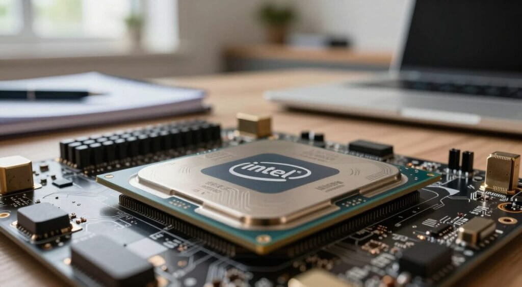 A detailed close-up of an Intel Core processor, showcasing its intricate chip design with metallic surfaces and engraved circuitry. The foreground features the processor placed on a sleek, high-tech motherboard, gleaming under soft, diffused lighting that highlights its features. In the middle ground, subtle hints of a laptop and educational tools, such as a notebook and pen, softly blurred to avoid distraction. The background presents an elegant, modern study environment, filled with cozy, natural light streaming through a window, creating a calm atmosphere ideal for studying. The overall mood is professional and technological, emphasizing the significance of choosing the right processor for academic work. The image is shot from a slightly elevated angle to capture all details of the processor and its setting. A detailed close-up of an Intel Core processor, showcasing its intricate chip design with metallic surfaces and engraved circuitry. The foreground features the processor placed on a sleek, high-tech motherboard, gleaming under soft, diffused lighting that highlights its features. In the middle ground, subtle hints of a laptop and educational tools, such as a notebook and pen, softly blurred to avoid distraction. The background presents an elegant, modern study environment, filled with cozy, natural light streaming through a window, creating a calm atmosphere ideal for studying. The overall mood is professional and technological, emphasizing the significance of choosing the right processor for academic work. The image is shot from a slightly elevated angle to capture all details of the processor and its setting.