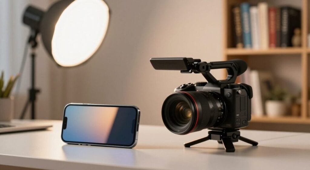 A detailed depiction showcasing a smartphone camera and a dedicated video camera side by side on a well-organized desk. In the foreground, the smartphone is sleek and modern, with its screen reflecting a soft glow. Next to it, the dedicated camera has a robust design, equipped with a professional lens and a sturdy tripod. The middle ground features a softly lit workspace with a simple microphone and softbox lighting, casting a warm and inviting atmosphere. In the background, a tidy bookshelf displays various content creation books, emphasizing a creative environment. The overall mood is inspiring and geared towards beginner content creators, highlighting the dual-use of both camera types for effective video production. A detailed depiction showcasing a smartphone camera and a dedicated video camera side by side on a well-organized desk. In the foreground, the smartphone is sleek and modern, with its screen reflecting a soft glow. Next to it, the dedicated camera has a robust design, equipped with a professional lens and a sturdy tripod. The middle ground features a softly lit workspace with a simple microphone and softbox lighting, casting a warm and inviting atmosphere. In the background, a tidy bookshelf displays various content creation books, emphasizing a creative environment. The overall mood is inspiring and geared towards beginner content creators, highlighting the dual-use of both camera types for effective video production.