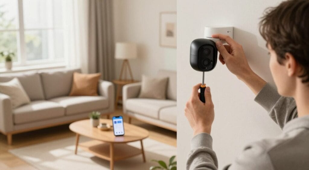 A detailed illustration focusing on the installation of security cameras in a cozy living room setting. In the foreground, show a professional-looking individual wearing smart casual attire, carefully mounting a sleek black Wi-Fi security camera on the wall, using a screwdriver. The middle ground reveals a well-arranged living room with comfortable furniture and a small coffee table, with a smartphone showing a security app interface placed on the table. In the background, soft natural lighting streams in from a window, casting warm shadows and creating a relaxed, safe atmosphere. The camera captures the scene from a slightly elevated angle, emphasizing the thoughtful process of securing home safety. The overall mood is practical and informative, ideal for readers seeking guidance on home security installation.