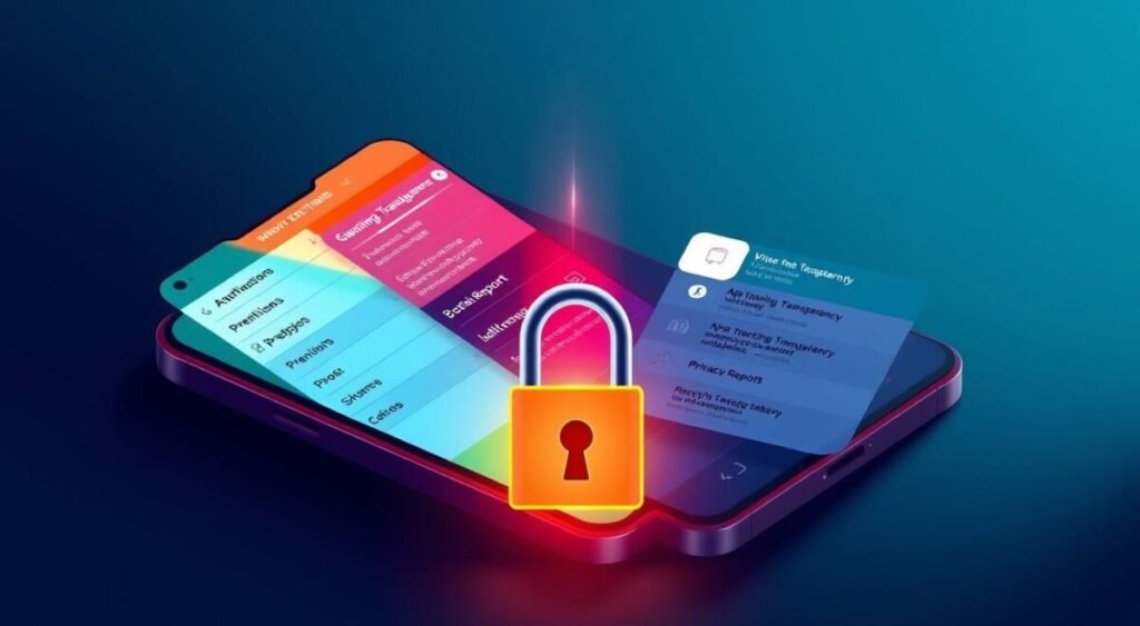 A detailed illustration of a smartphone showcasing the Android and iOS operating systems, split in the middle. On the left side, depict an Android interface with vibrant colors, showing a security settings menu, emphasizing settings like permissions and privacy options. On the right, feature an iOS interface, with a clean, minimalist aesthetic, highlighting features such as app tracking transparency and privacy reports. The foreground should include caution symbols and a digital lock, symbolizing security risks, like root access and jailbreaking. The background should be a subtle gradient of dark blues and blacks to convey a serious atmosphere. Soft, indirect lighting focuses on the phones, creating a modern, high-tech feel. Use a slightly tilted angle for a dynamic perspective.