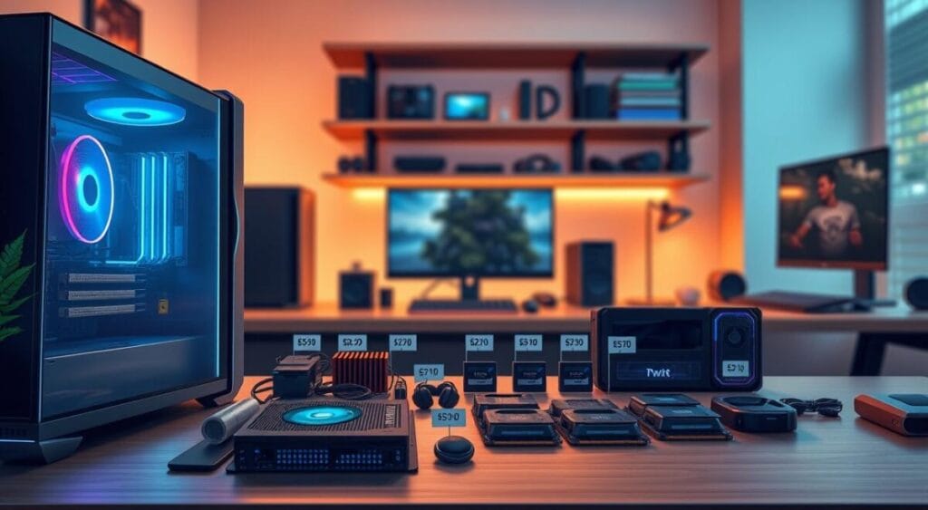 A detailed illustration of budget gaming PC configurations for 2025, showcasing a well-organized workspace. In the foreground, display a stylish gaming desktop setup with illuminated components like a graphics card and motherboard. The middle ground features a neatly arranged table with various PC parts, such as a power supply, RAM sticks, and cooling systems, all labeled by price range, conveying a sense of organization. In the background, soft ambient lighting creates a tech-savvy atmosphere, with a blurred shelf displaying gaming peripherals like a keyboard, headset, and monitor. The image should evoke excitement and clarity, suggesting affordability and quality for aspiring gamers. Use a cinematic angle with soft focus to enhance depth. A detailed illustration of budget gaming PC configurations for 2025, showcasing a well-organized workspace. In the foreground, display a stylish gaming desktop setup with illuminated components like a graphics card and motherboard. The middle ground features a neatly arranged table with various PC parts, such as a power supply, RAM sticks, and cooling systems, all labeled by price range, conveying a sense of organization. In the background, soft ambient lighting creates a tech-savvy atmosphere, with a blurred shelf displaying gaming peripherals like a keyboard, headset, and monitor. The image should evoke excitement and clarity, suggesting affordability and quality for aspiring gamers. Use a cinematic angle with soft focus to enhance depth.