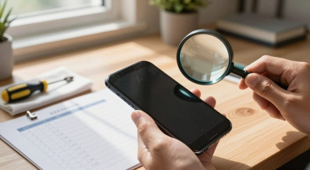 A detailed inspection of a used smartphone, showcasing its physical condition. In the foreground, a hand carefully holds a smartphone, highlighting scratches and dents on the screen, surrounded by a soft-focus magnifying glass that emphasizes wear. In the middle ground, an organized workspace with tools like a small screwdriver set, a cleaning cloth, and a digital checklist illustrating points to analyze. The background features a warm, inviting home office setting, softly lit with natural sunlight streaming through a window, creating a calm and focused atmosphere. The angle is slightly overhead, capturing both the phone and the tools neatly arranged. Emphasize clarity and detail to evoke a sense of professionalism and thoroughness in assessing a device’s physical state. A detailed inspection of a used smartphone, showcasing its physical condition. In the foreground, a hand carefully holds a smartphone, highlighting scratches and dents on the screen, surrounded by a soft-focus magnifying glass that emphasizes wear. In the middle ground, an organized workspace with tools like a small screwdriver set, a cleaning cloth, and a digital checklist illustrating points to analyze. The background features a warm, inviting home office setting, softly lit with natural sunlight streaming through a window, creating a calm and focused atmosphere. The angle is slightly overhead, capturing both the phone and the tools neatly arranged. Emphasize clarity and detail to evoke a sense of professionalism and thoroughness in assessing a device’s physical state.