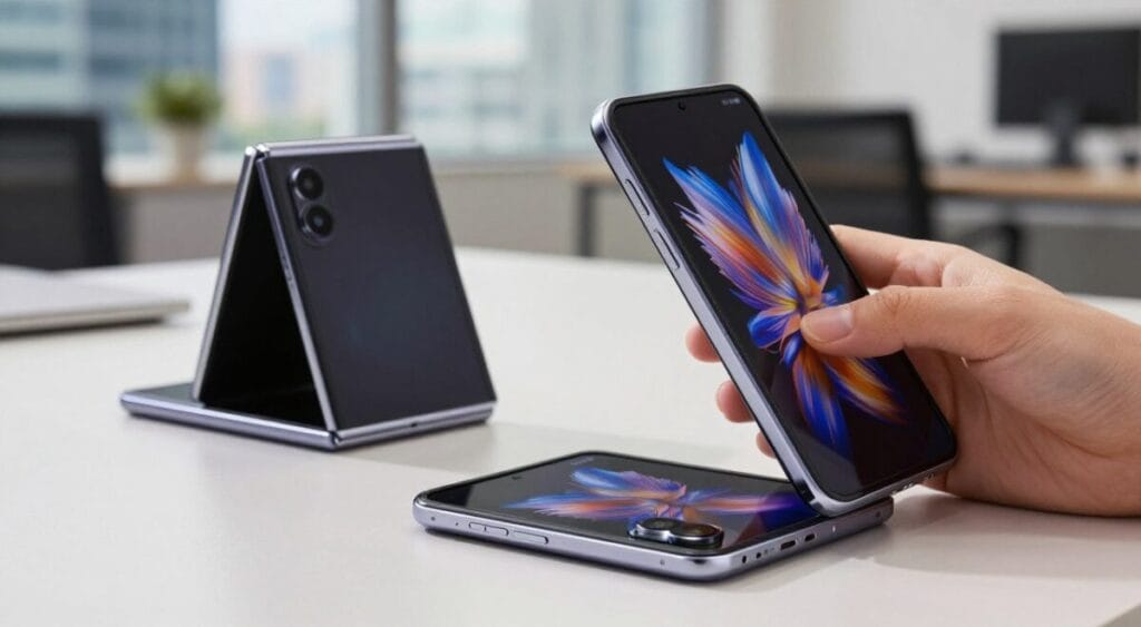 A dynamic composition featuring two sleek, modern foldable smartphones showcasing their unique design and capabilities. The foreground includes a hand elegantly holding one of the smartphones in a partially open position, revealing its vibrant display with stunning graphics. The middle ground features the second smartphone laid flat, with its hinge in focus to highlight the foldable mechanism. In the background, a stylish urban office setting is subtly blurred, enhancing the modern atmosphere. Soft, diffused lighting illuminates the devices, casting gentle shadows on the surface. The angle captures the contrast between portability and technological sophistication, evoking a sense of innovation and practicality. The overall mood is professional yet inviting, emphasizing the allure of compact, powerful smartphones.