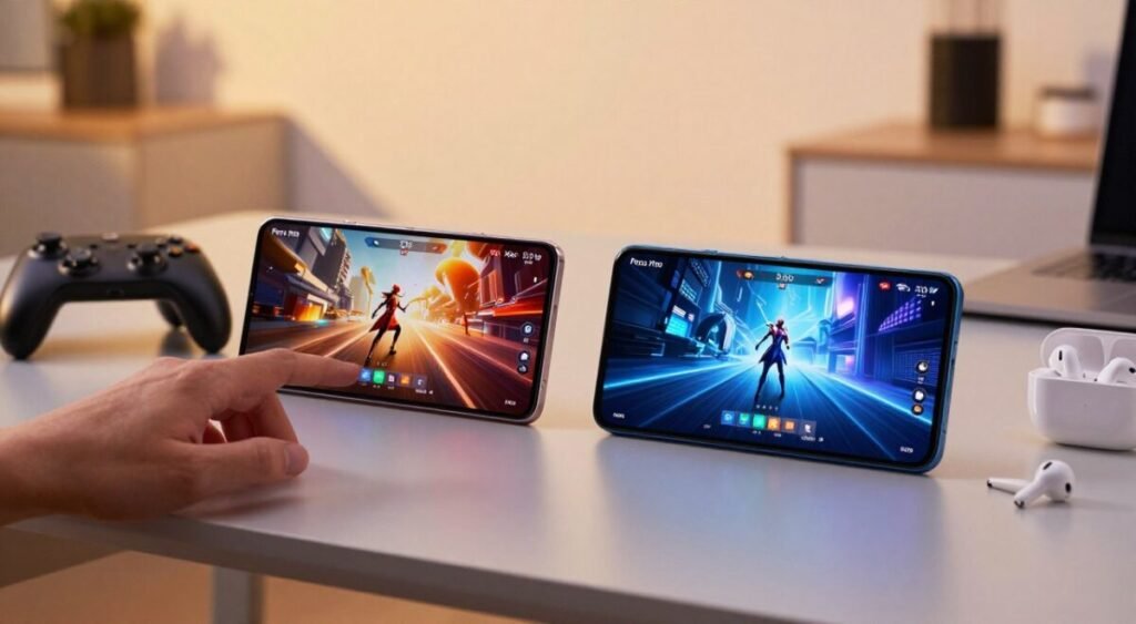 A dynamic composition featuring two smartphones, the Poco X6 Pro and Redmi Note 13 Pro, placed side by side on a sleek, modern desk. The smartphones should display vibrant gaming interfaces, emphasizing high-performance graphics. In the foreground, a hand is shown interacting with the devices, guiding the viewer’s focus. The middle ground includes subtle tech gadgets like a gaming controller and wireless earbuds, enhancing the tech-savvy atmosphere. The background is softly blurred with a stylish, minimalistic office setting, illuminated by warm, ambient lighting creating an inviting atmosphere. A focus on sharp details in the smartphones’ screens and reflections adds depth. The overall mood should feel energetic and futuristic, reflecting the excitement of mobile gaming performance.