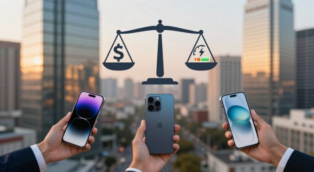 A dynamic visualization comparing price and cost-effectiveness with a focus on small, powerful smartphones. In the foreground, three sleek, modern smartphones in varying colors, held side by side by diverse hands in professional attire. The middle layer features a balanced scale symbolizing cost-benefit, with currency symbols on one side and performance icons (like a lightning bolt, battery, and speedometer) on the other. The background is a blurred cityscape, signifying a tech-savvy urban environment during the golden hour, with warm, inviting lighting reflecting off glass buildings. The overall atmosphere is informative and engaging, embodying a sense of modernity and practicality without any text or logos.