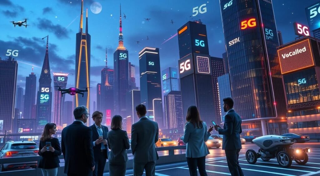 A futuristic cityscape featuring advanced 5G technology, with sleek, tall buildings adorned with 5G antennae and glowing data streams. In the foreground, a diverse group of professionals in smart business attire is engaged in discussion, holding modern smartphones displaying 5G signals. The middle ground showcases drones and automated vehicles, symbolizing connectivity and speed. Bright neon lighting adds a high-tech ambiance, with a deep blue twilight sky scattered with digital elements like data points and network grids. An aerial view captures a sense of dynamic energy, emphasizing the revolution of 5G Standalone technology, conveying a mood of innovation, excitement, and progress, perfect for illustrating the concept of 5G Standalone.