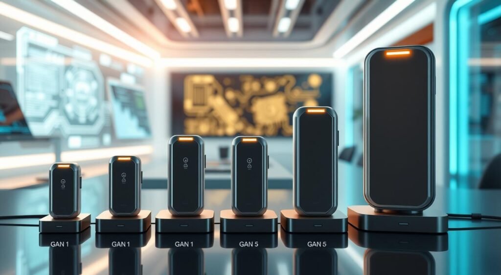 A futuristic display of GaN chargers showcasing their evolution from GaN 1 to GaN 5 in a sleek, modern setting. In the foreground, highlight five distinct GaN chargers, each variant reflecting advancements in design and technology—sleek, compact shapes with luminous accents. The middle ground features technical elements, like circuit diagrams and subtle digital interfaces, to illustrate innovative features. The background consists of a soft-focus, high-tech workspace with ambient lighting, casting a warm glow that emphasizes a sense of progress and sophistication. A close-up angle captures the intricacies of the chargers’ designs, enhancing the mood of innovation and a brighter technological future.