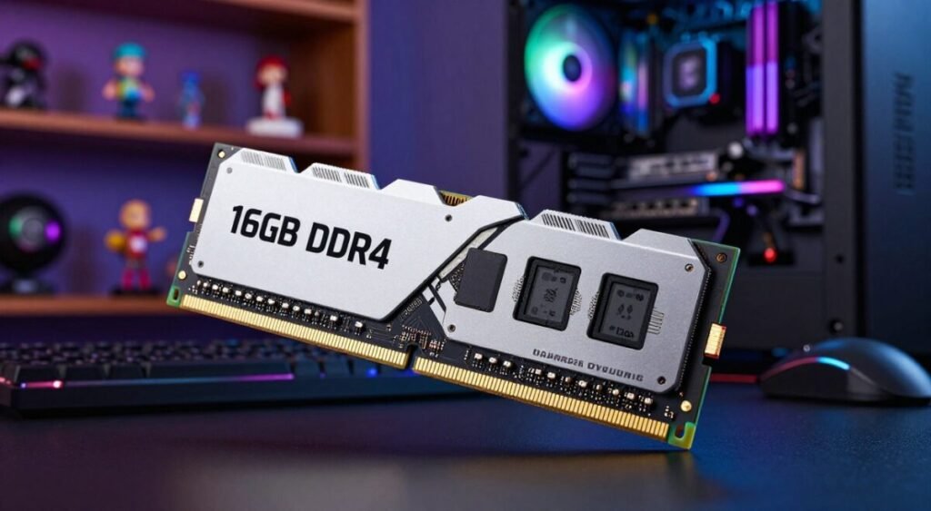 A high-quality image of a 16GB DDR4 dual-channel memory RAM module, prominently displayed in the foreground, emphasizing its sleek design and metallic finish with bright silver and black details. The module should be angled to showcase its gold contacts and intricate circuitry clearly. In the middle ground, include a blurred gaming setup, featuring a modern desktop PC with RGB lighting, keyboard, and mouse, suggesting a high-performance gaming environment. In the background, softly lit shelves filled with gaming memorabilia to create an immersive, tech-savvy atmosphere. The image should have dynamic lighting that highlights the RAM and gives a futuristic feel, capturing the essence of gaming technology for beginners.