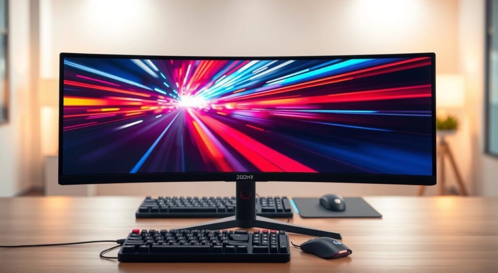 A high-resolution image of a sleek, modern 240Hz monitor displayed prominently in the foreground, showcasing vibrant and fluid motion on the screen, perhaps illustrating a gaming scene or benchmark test. The monitor features thin bezels and an adjustable stand, with a subtle glow emanating from the screen to enhance the visual impact. In the middle ground, a stylish, minimalist desk setup includes a mechanical keyboard and a high-quality gaming mouse, emphasizing an ergonomic and tech-savvy environment. The background is a softly blurred room with ambient lighting, creating a warm and inviting atmosphere ideal for gaming or productivity. The scene should evoke a sense of innovation and excitement in the realm of high-refresh-rate displays.