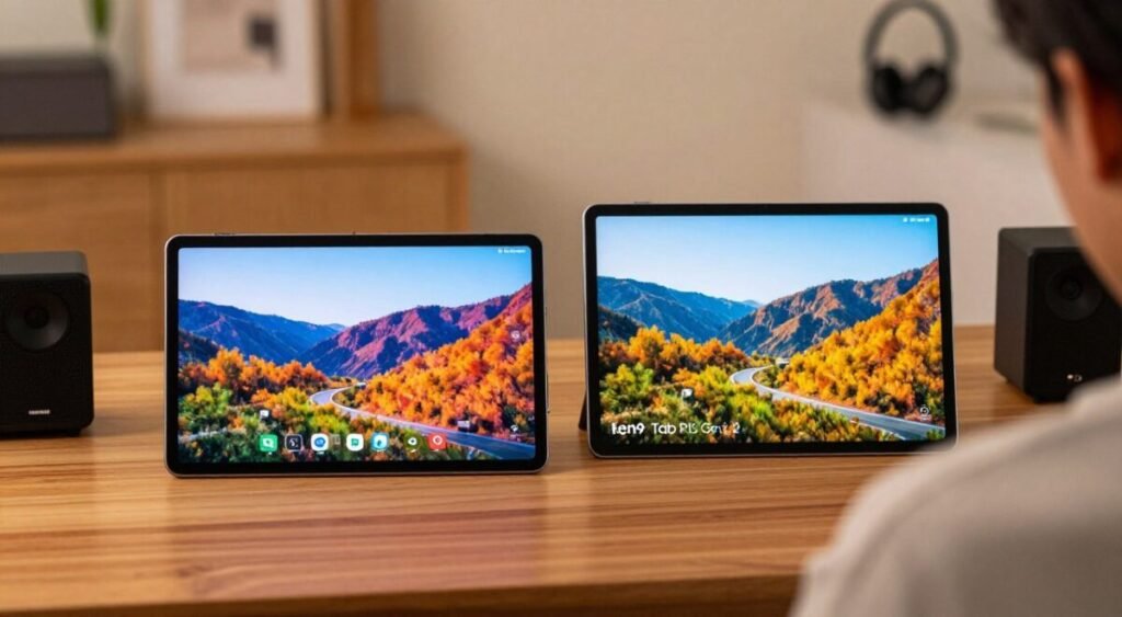 A high-resolution image showcasing a comparative display of the Samsung Galaxy Tab A9+ and Lenovo Tab P11 Gen 2, with a focus on their screens and audio capabilities. In the foreground, feature both tablets side by side on a sleek wooden surface, displaying vibrant, contrasting screens showcasing a vivid landscape. The middle ground includes subtle hints of audio equipment emphasizing sound quality, like small speakers or headphones, artistically arranged. The background is softly blurred to keep the focus on the tablets, with warm lighting that enhances the colors of the tablets and creates a cozy, inviting atmosphere. Use a shallow depth of field with a slight over-the-shoulder angle to draw the viewer in, suggesting a modern, tech-savvy workspace.