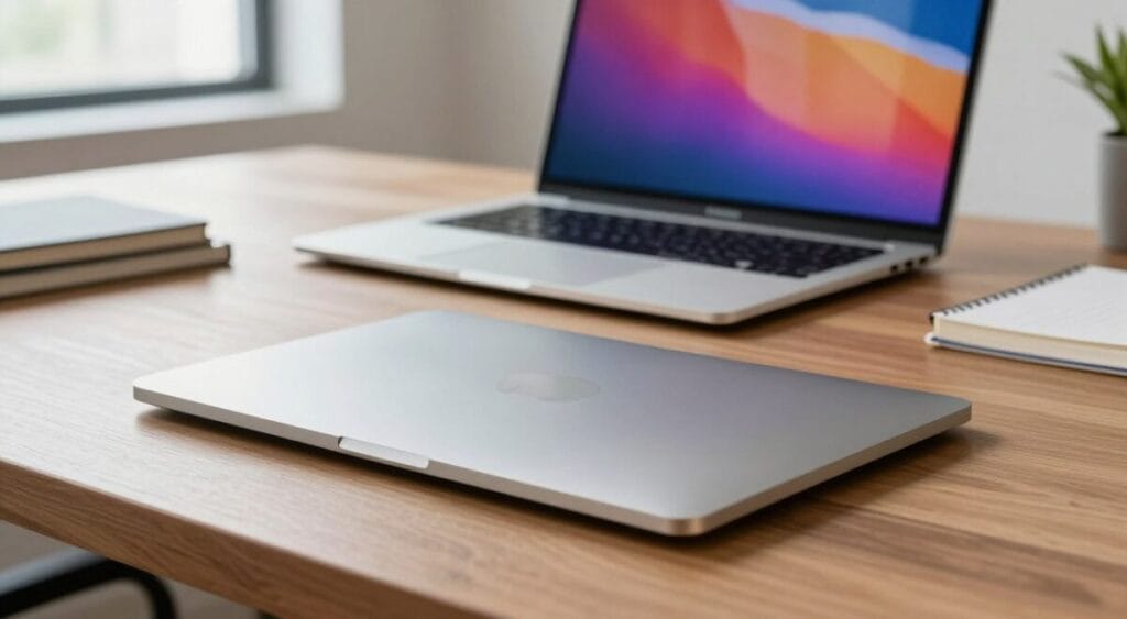 A high-resolution image showcasing the MacBook Air M1 trackpad in a modern office environment. The trackpad is prominently displayed in the foreground, glistening with a sleek metallic finish and smooth glass surface, reflecting soft natural light from a nearby window. In the middle ground, a stylish wooden desk holds the MacBook Air, open with the screen displaying vibrant colors, emphasizing its display quality. The background consists of a clean, minimalistic workspace with a soft-focus plant and a tastefully organized stack of notebooks, contributing to a professional yet inviting atmosphere. The scene is well-lit and captures a serene, motivating mood ideal for productivity and creativity. Avoid any text or logos in the image. A high-resolution image showcasing the MacBook Air M1 trackpad in a modern office environment. The trackpad is prominently displayed in the foreground, glistening with a sleek metallic finish and smooth glass surface, reflecting soft natural light from a nearby window. In the middle ground, a stylish wooden desk holds the MacBook Air, open with the screen displaying vibrant colors, emphasizing its display quality. The background consists of a clean, minimalistic workspace with a soft-focus plant and a tastefully organized stack of notebooks, contributing to a professional yet inviting atmosphere. The scene is well-lit and captures a serene, motivating mood ideal for productivity and creativity. Avoid any text or logos in the image.