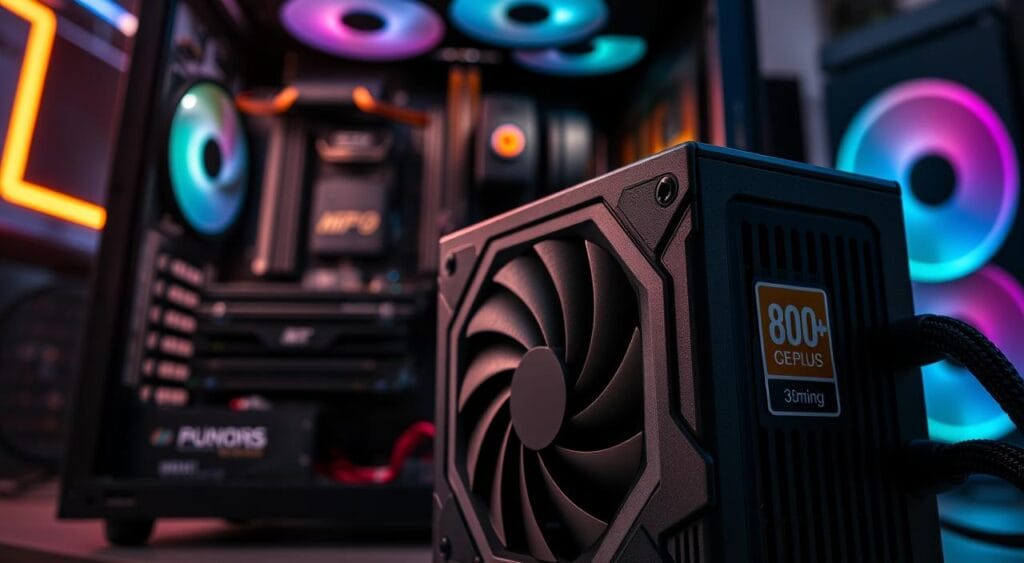 A highly detailed close-up image of a modern power supply unit (PSU) designed for gaming computers, showcasing its sleek, angular design. The PSU should be prominently displayed in the foreground, with clear visibility of its fan vent, cables, and the 80 Plus certification logo. In the middle ground, have a partially assembled gaming PC case, featuring various components like a motherboard and graphics card, suggesting installation. The background should contain a soft-focus gaming setup, illuminated by ambient LED lights, creating an energetic and tech-savvy atmosphere. The lighting should be dynamic, emphasizing metallic textures and shadows for depth. Use a slight upward angle to give the PSU an impressive perspective. The overall mood should be modern and professional, perfectly suitable for a tech article. A highly detailed close-up image of a modern power supply unit (PSU) designed for gaming computers, showcasing its sleek, angular design. The PSU should be prominently displayed in the foreground, with clear visibility of its fan vent, cables, and the 80 Plus certification logo. In the middle ground, have a partially assembled gaming PC case, featuring various components like a motherboard and graphics card, suggesting installation. The background should contain a soft-focus gaming setup, illuminated by ambient LED lights, creating an energetic and tech-savvy atmosphere. The lighting should be dynamic, emphasizing metallic textures and shadows for depth. Use a slight upward angle to give the PSU an impressive perspective. The overall mood should be modern and professional, perfectly suitable for a tech article.
