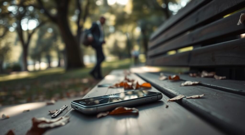 A lost smartphone lies on a wooden bench in a park, partially covered by fallen leaves. The device’s screen is cracked, indicating a struggle, while a faint blue light glows from the screen, symbolizing the search for its owner. In the background, a blurred figure in professional attire is seen searching through their backpack, looking concerned. Soft, diffused sunlight filters through the trees, casting gentle shadows that create an atmosphere of urgency and worry. The scene is captured with a shallow depth of field, focusing clearly on the phone while the surroundings remain softly out of focus, enhancing the feeling of loss and the importance of protecting personal data. The image should convey a sense of caution about privacy and the risks of losing a mobile device.