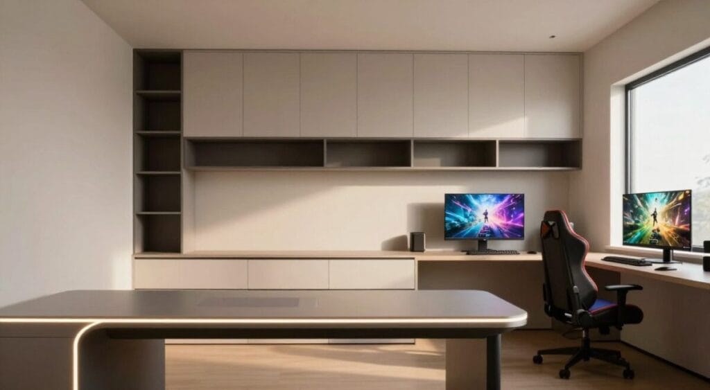 A minimalistic gamer bedroom showcasing an invisible organization system. In the foreground, there’s a sleek gaming desk with a futuristic design, illuminated with soft LED strips that create a soothing ambiance. The middle ground features an array of hidden storage solutions, such as drawers integrated into the desk and shelving units blending seamlessly into the wall, all uncluttered and tidy. The background features a large screen displaying vibrant game visuals, complemented by a color-coordinated chair. Natural light filters through a window, adding warmth to the atmosphere, while soft shadows enhance the overall depth of the scene. The room embodies a blend of modern aesthetics and functionality, creating an ideal gaming environment.