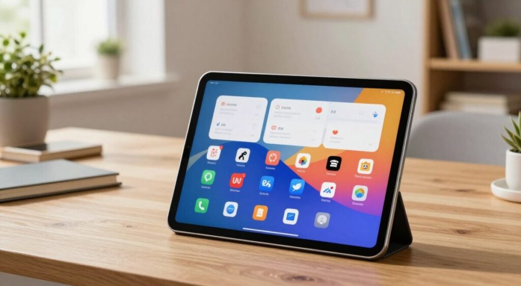 A modern Android tablet showcasing its user interface, prominently displayed in the foreground. The tablet should be sleek and visually appealing, with a vibrant home screen filled with colorful app icons. In the middle ground, depict a casual workspace setting, featuring a wooden desk and a well-organized environment that suggests productivity and ease of use. Soft, natural lighting streaming through a nearby window enhances the inviting atmosphere. In the background, hints of a cozy room with plants and bookshelves should create a warm and friendly ambiance. Capture a point of view from slightly above to emphasize the tablet's screen and intuitive layout, portraying technology that is approachable and user-friendly.