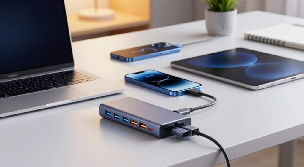 A modern USB hub and adapters displayed prominently on a sleek, minimalist desk. In the foreground, the hub features multiple USB ports and connectors in a variety of colors, showcasing versatility and accessibility. The middle layer includes a laptop connected to the hub, with a smartphone and tablet charging nearby, emphasizing enhanced connectivity and convenience. The background features a softly blurred workspace with warm ambient lighting, a potted plant, and a notebook, creating a professional yet inviting atmosphere. The image is captured from a slightly elevated angle, highlighting the functional design and compactness of the accessories, while maintaining clarity and detail. The mood is practical and tech-savvy, appealing to digital users seeking efficient solutions. A modern USB hub and adapters displayed prominently on a sleek, minimalist desk. In the foreground, the hub features multiple USB ports and connectors in a variety of colors, showcasing versatility and accessibility. The middle layer includes a laptop connected to the hub, with a smartphone and tablet charging nearby, emphasizing enhanced connectivity and convenience. The background features a softly blurred workspace with warm ambient lighting, a potted plant, and a notebook, creating a professional yet inviting atmosphere. The image is captured from a slightly elevated angle, highlighting the functional design and compactness of the accessories, while maintaining clarity and detail. The mood is practical and tech-savvy, appealing to digital users seeking efficient solutions.