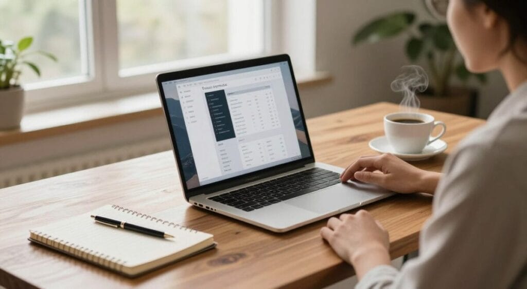 A modern and sleek laptop sits prominently on a polished wooden desk, surrounded by essentials for remote work—a stylish notebook, a high-quality pen, and a cup of steaming coffee. In the background, soft natural light filters through a large window, illuminating the room with a warm glow that creates an inviting atmosphere. The laptop screen displays a clear, organized workspace. A professional person in smart casual attire, focused on their tasks, is seated nearby, embodying productivity and comfort. The scene is framed with a slightly blurred indoor plant in one corner, adding a touch of greenery and life, all captured with a warm color palette. The angle is slightly elevated, highlighting the desk setup and creating a depth of field effect. A modern and sleek laptop sits prominently on a polished wooden desk, surrounded by essentials for remote work—a stylish notebook, a high-quality pen, and a cup of steaming coffee. In the background, soft natural light filters through a large window, illuminating the room with a warm glow that creates an inviting atmosphere. The laptop screen displays a clear, organized workspace. A professional person in smart casual attire, focused on their tasks, is seated nearby, embodying productivity and comfort. The scene is framed with a slightly blurred indoor plant in one corner, adding a touch of greenery and life, all captured with a warm color palette. The angle is slightly elevated, highlighting the desk setup and creating a depth of field effect.
