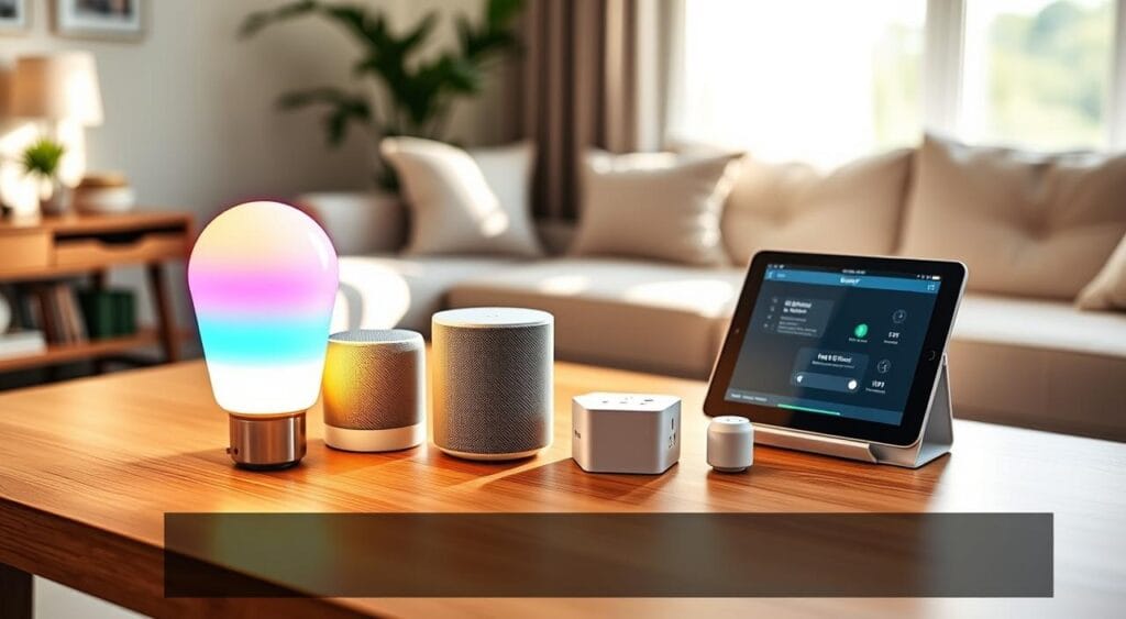 A modern, compact smart home kit displayed on a sleek wooden table, showcasing various smart devices such as a smart speaker, smart bulb, and a small smart plug. In the foreground, focus on the vibrant smart bulb glowing softly in an array of colors, adding warmth to the scene. The middle ground features the smart speaker with a minimalist design, while the smart plug is subtly positioned nearby. In the background, a well-lit living room with smart home automation controls displayed on a tablet or smartphone on a couch, emphasizing a cozy and inviting atmosphere. Natural light pours in through a window, casting gentle shadows. The overall mood is one of innovation and accessibility, demonstrating how easy and affordable it is to start a smart home for under R$ 500.