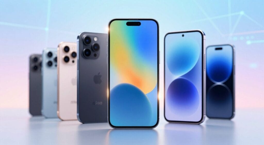 A modern, compact smartphone design prominently displayed in the foreground, showcasing its sleek curves and vibrant screen. The device is surrounded by a subtle glow, highlighting its advanced technology. In the middle ground, a blurred array of older, larger smartphones fades into the background, symbolizing the evolution of mobile devices. The background features a soft gradient of colors that evoke innovation and progress, with abstract digital patterns suggesting connectivity and modernity. The lighting is bright and crisp, emphasizing the compact phone's details, with a slight lens flare to add dynamism. The atmosphere is uplifting and forward-thinking, capturing the essence of the rise of smaller smartphones in a world dominated by larger screens.